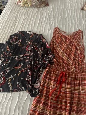 LOFT Black Floral Blouse and Striped Red Multi Dress Set